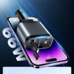 Chargeur Voiture 4-en-1 Rétractable – Charge Rapide 66W avec Câbles Intégrés USB-C & Lightning – Rotation 180° – Modèle StarrySky