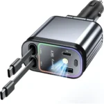 Chargeur Voiture 4-en-1 Rétractable – Charge Rapide 66W avec Câbles Intégrés USB-C & Lightning – Rotation 180° – Modèle StarrySky