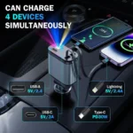 Chargeur Voiture 4-en-1 Rétractable – Charge Rapide 66W avec Câbles Intégrés USB-C & Lightning – Rotation 180° – Modèle StarrySky